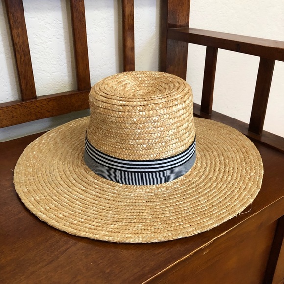 J Crew Straw Sun Hat With Blue Striped Band - Picture 2 of 5